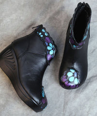 Splicing Wedge Boots Blue Floral Cowhide Leather