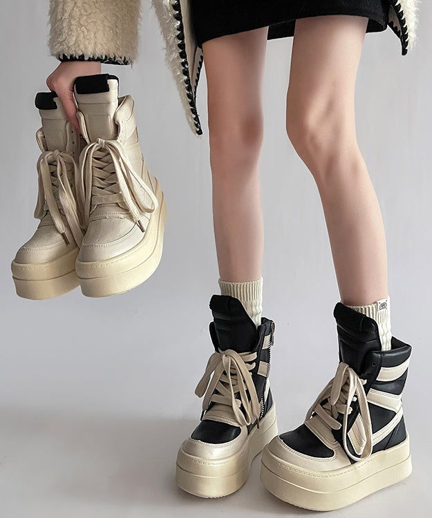 Black Lace Up Splicing Faux Leather Platform Boots