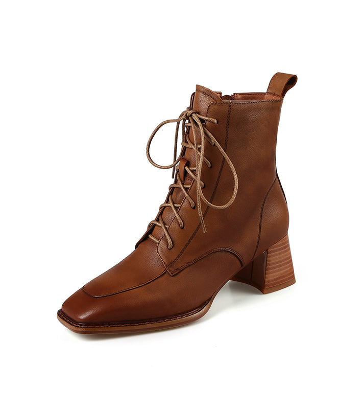 Chocolate Chunky Cowhide Leather Cross Strap Splicing Boots