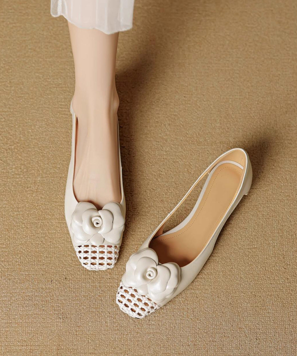 Grey Flat Shoes For Women Cowhide Leather Soft Splicing Floral