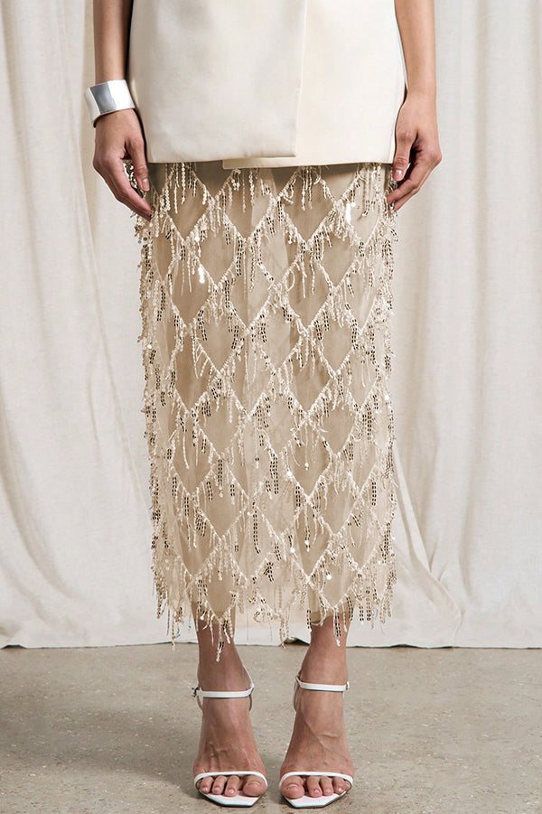 See-through Sequined Tassel Midi Skirt