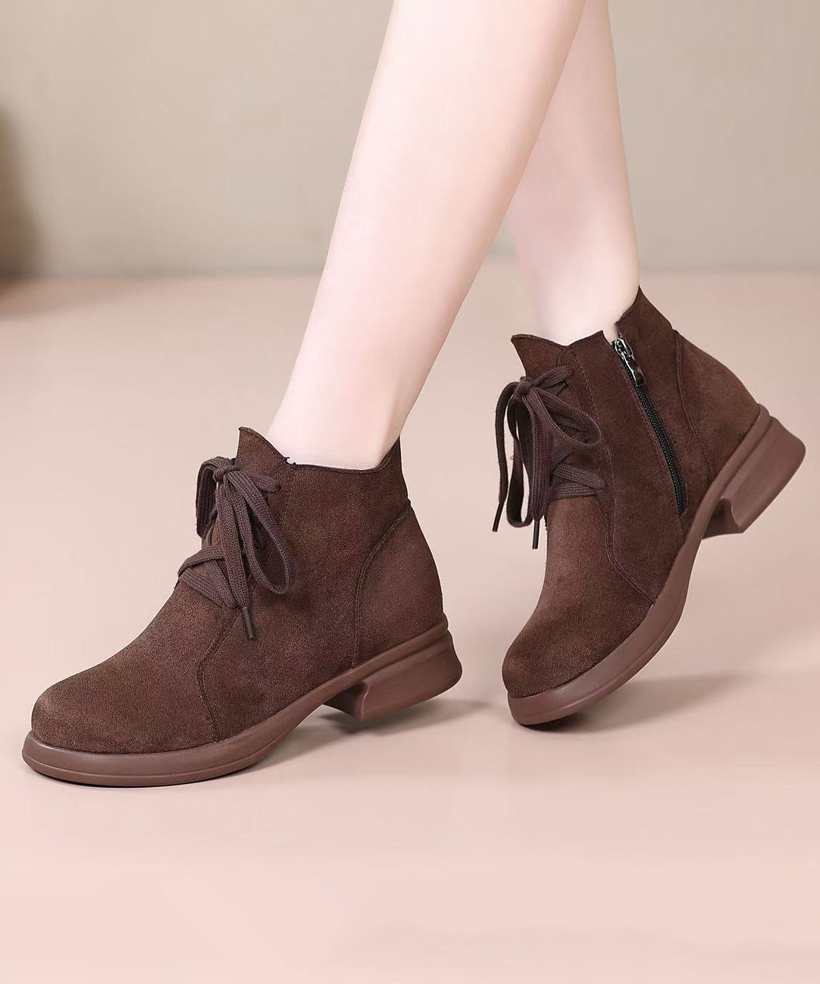 Brown Lace Up Chunky Suede Casual Splicing Boots
