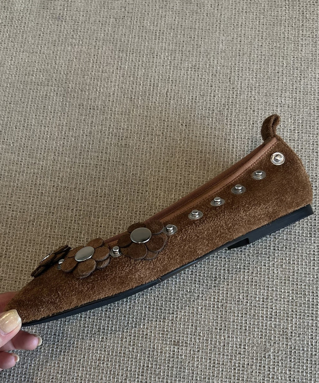 Brown Suede Floral Rivet Splicing Flat Shoes For Women