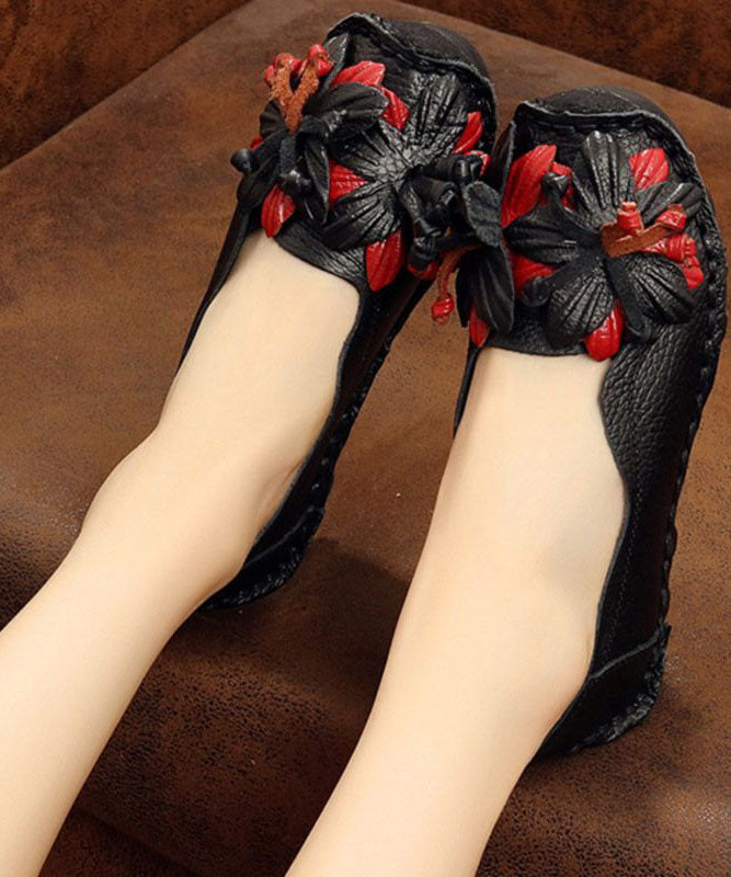 Handmade Cowhide Leather Flat Shoes For Floral Splicing Flat Feet Shoes