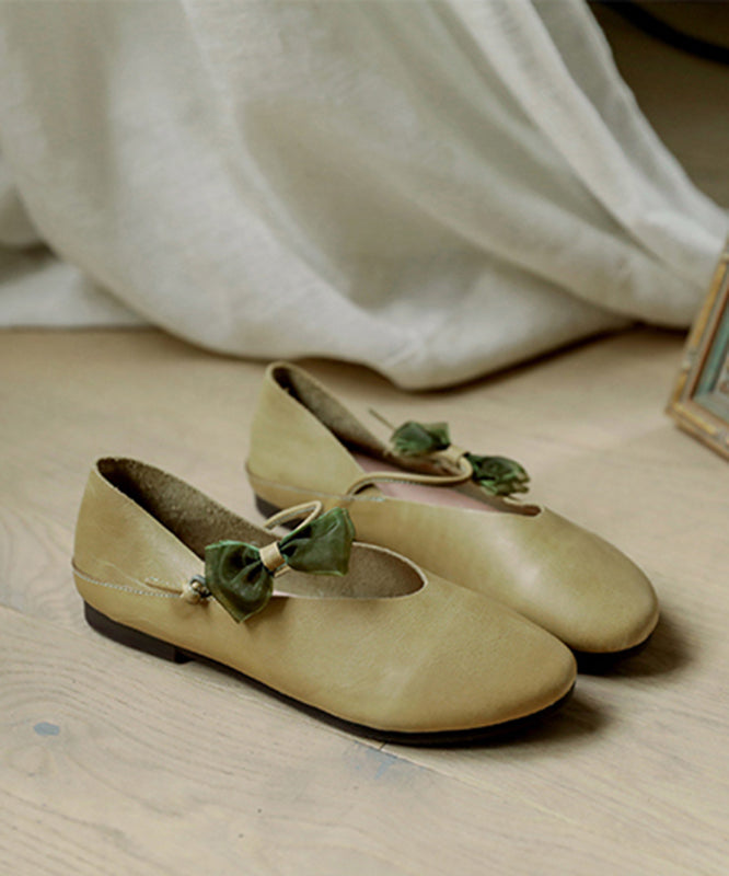 Green Flats Cowhide Leather Bow Buckle Strap Flats