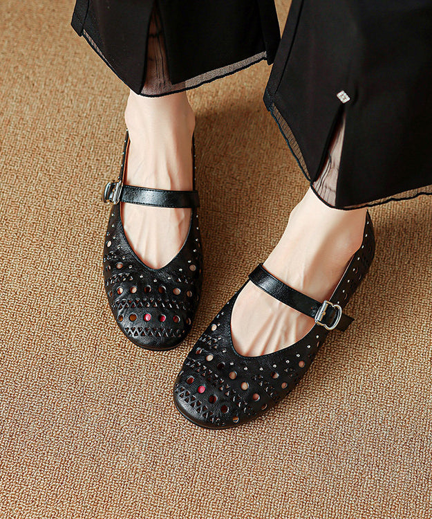 Handmade Buckle Strap Splicing Wedge Shoes Black Sheepskin Hollow Out