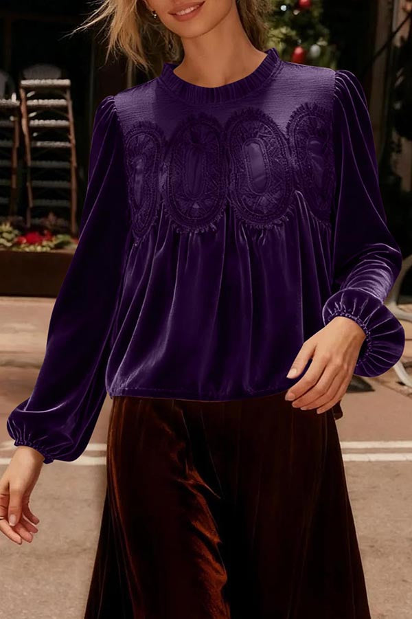 Velvet and Lace Patchwork Loose Long-sleeved Top