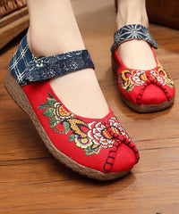 Red Cotton Embroideried Fabric Flat Shoes For Splicing Flats