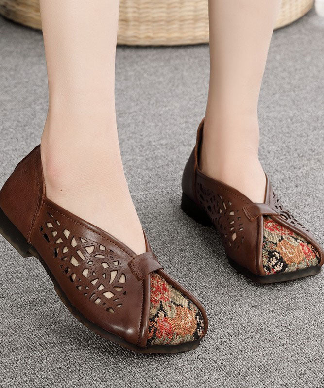 Green Hollow Out Cowhide Leather Flat Shoes For Splicing Flats