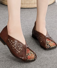 Green Hollow Out Cowhide Leather Flat Shoes For Splicing Flats