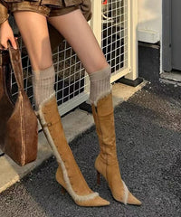 Fine Splicing Stiletto Boots Yellow Suede Fuzzy Wool Lined Pointed Toe