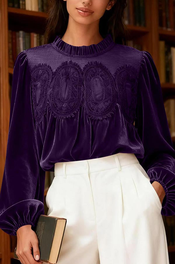 Velvet and Lace Patchwork Loose Long-sleeved Top