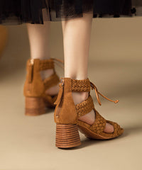Handmade Brown Lace Up Splicing Chunky Sandals Boots Hollow Out