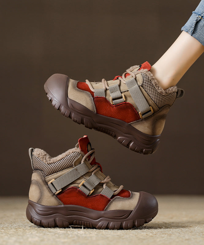 Red Cowhide Leather Boots Fuzzy Wool Lined Splicing Lace Up