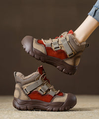 Red Cowhide Leather Boots Fuzzy Wool Lined Splicing Lace Up