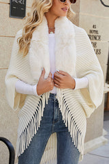 Fur Collar Tassel Hem Knitted Shawl Cape
