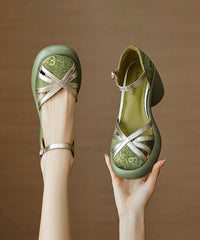 Black Cowhide Leather Chunky Heel Splicing Buckle Strap Sandals