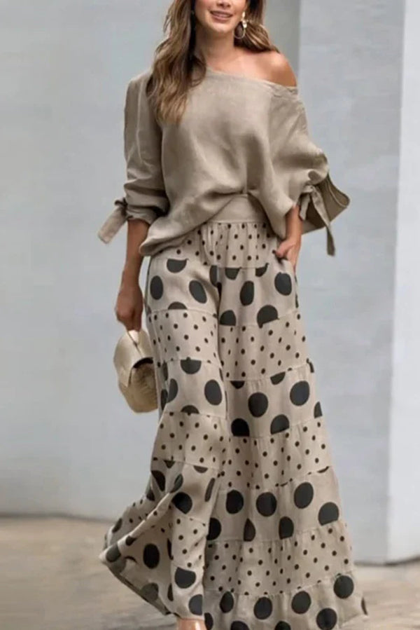 Tie-cuff Loose Top and Polka Dot Print Pocket Wide Leg Pants Set