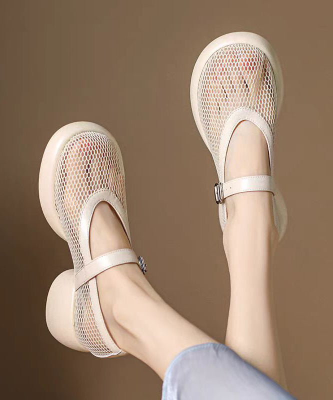 Beige Cowhide Leather Breathable Mesh Buckle Strap Splicing Chunky Heel Sandals