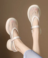 Beige Cowhide Leather Breathable Mesh Buckle Strap Splicing Chunky Heel Sandals