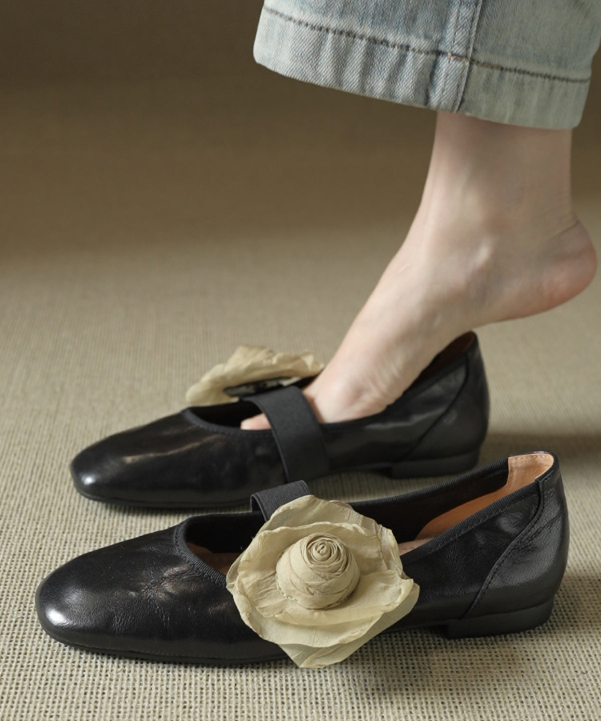 Women Floral Splicing Flats Brown Cowhide Leather