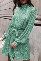 Sequined Long-sleeved Belted Casual Mini Dress