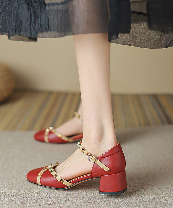 Wine Red Rivet Buckle Strap Cowhide Leather Sandals