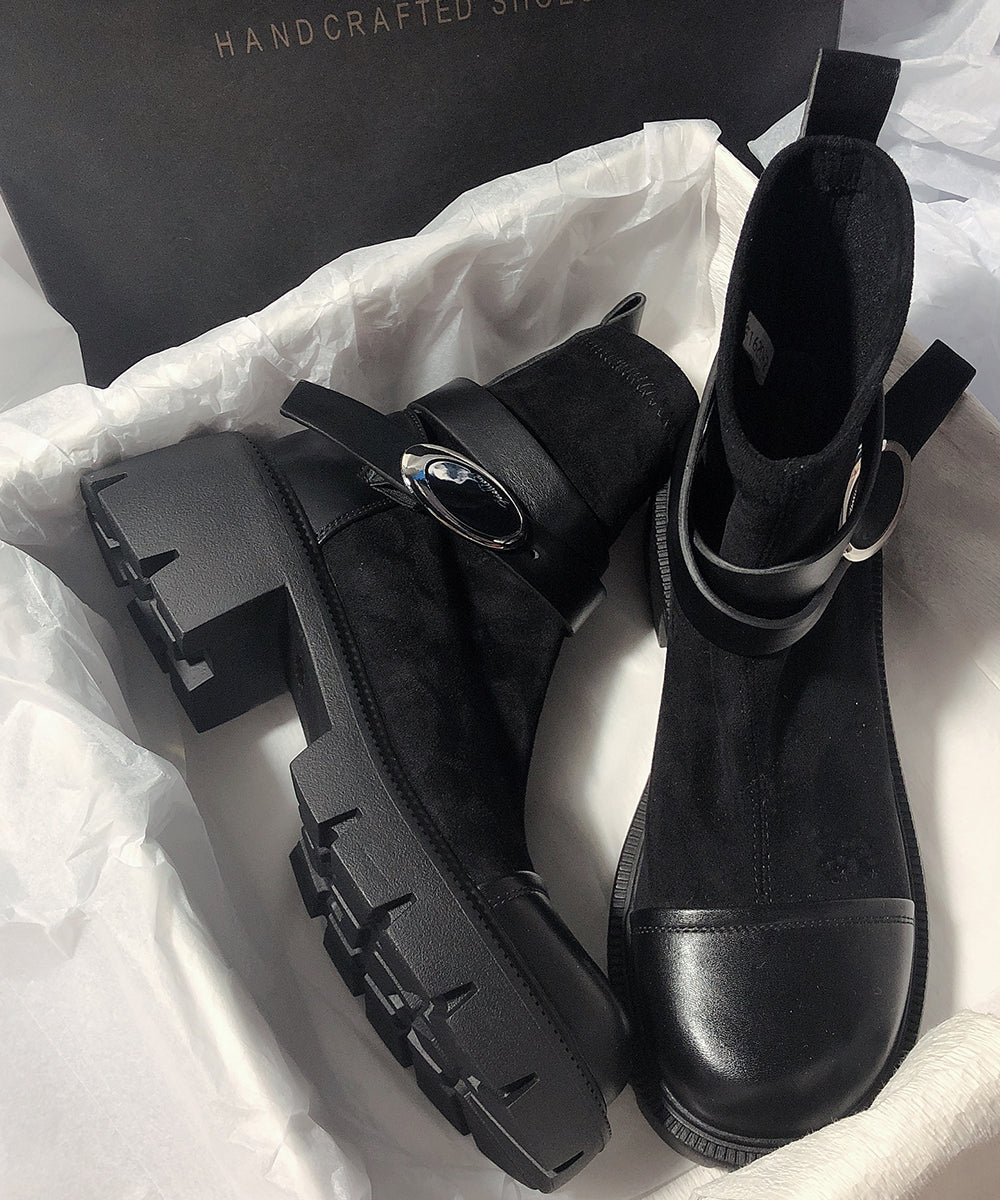 Grey Cowhide Leather Splicing Chic Suede Boots