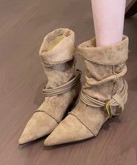 Boho Splicing Chunky Boots Apricot Suede Wrinkled Pointed Toe