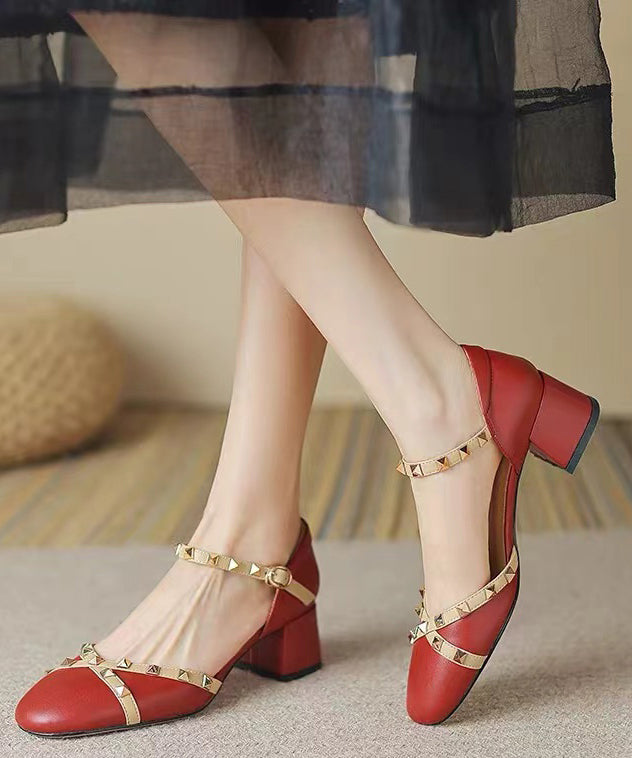 Wine Red Rivet Buckle Strap Cowhide Leather Sandals