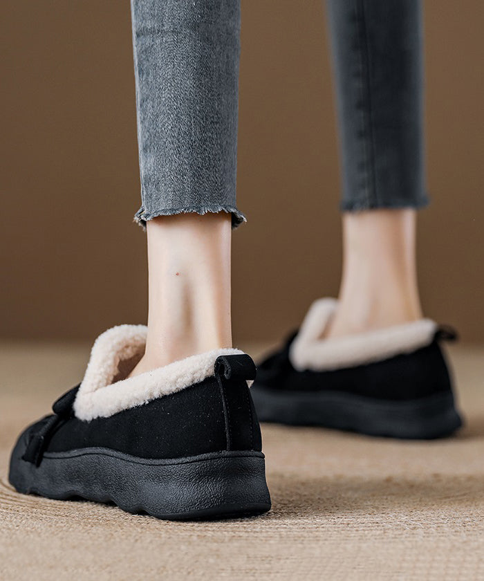 Beige Cowhide Leather Splicing Flat Feet Shoes Fuzzy Wool Lined