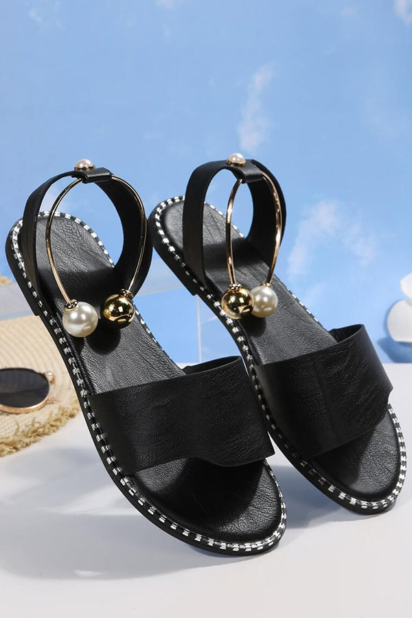 Simple Flat Bottom Pearl Buckle Roman Sandals