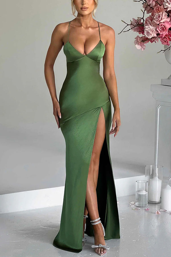 Satin Solid Color Backless Lace Up High Slit Maxi Dress