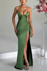 Satin Solid Color Backless Lace Up High Slit Maxi Dress