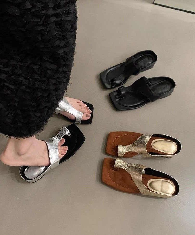 Chic Black Faux Leather Splicing Chunky Thong Sandals