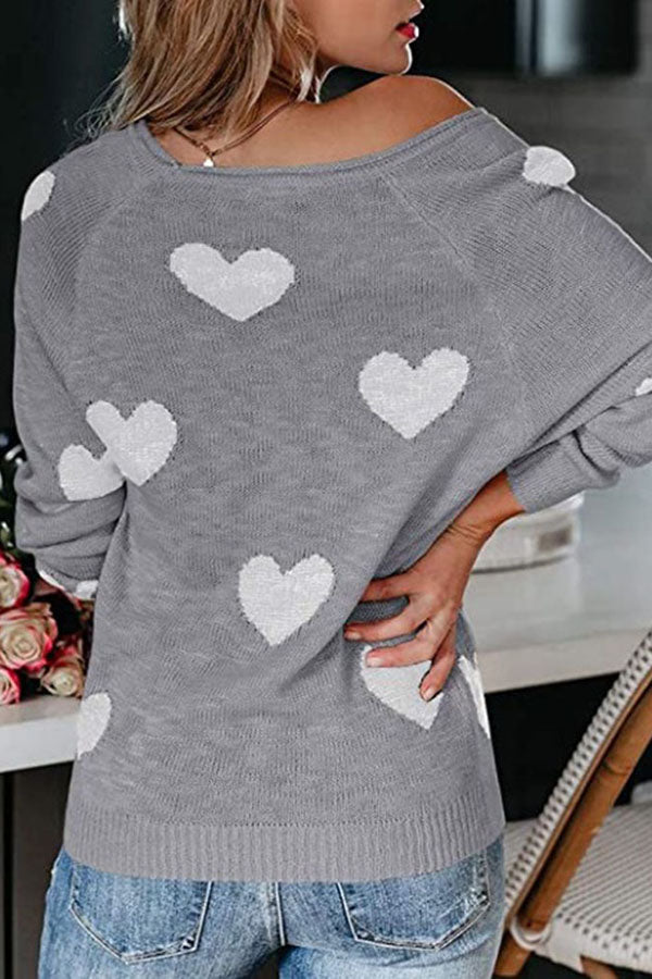 Color-blocked Heart-patterned Long-sleeved Loose Knit Sweater