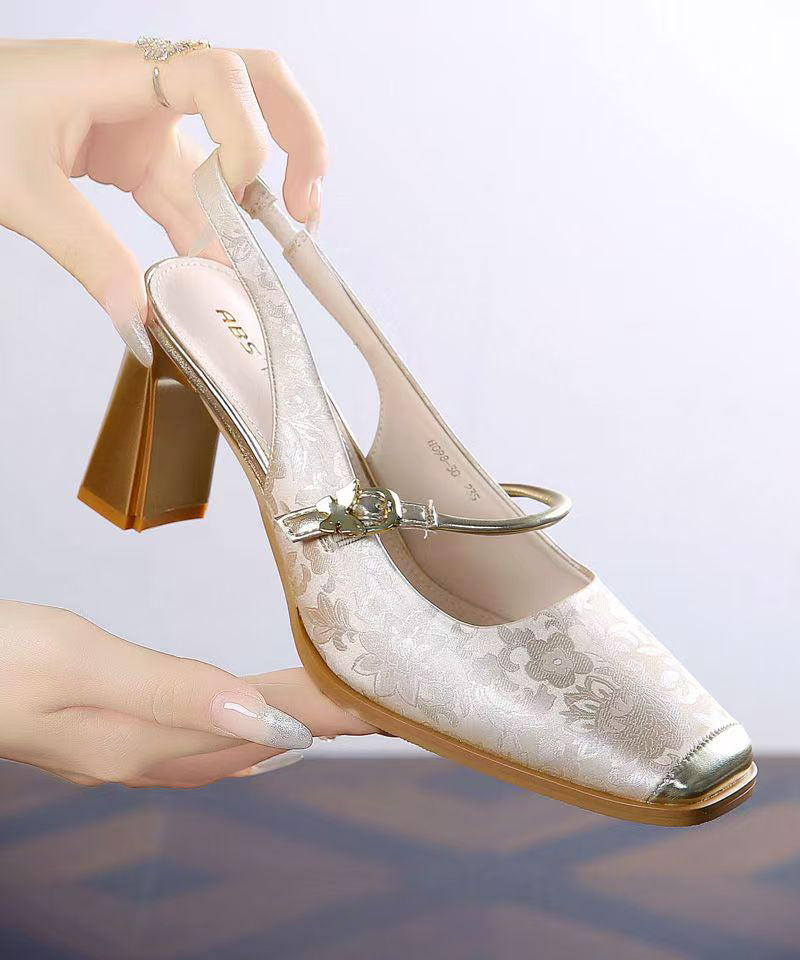 Retro Green Print Faux Leather Splicing Chunky Heel Sandals