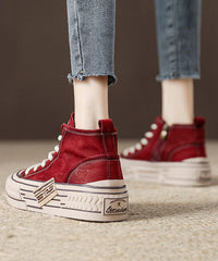 Beige Platform Soled Cowhide Casual Lace Up High Top Board Shoes