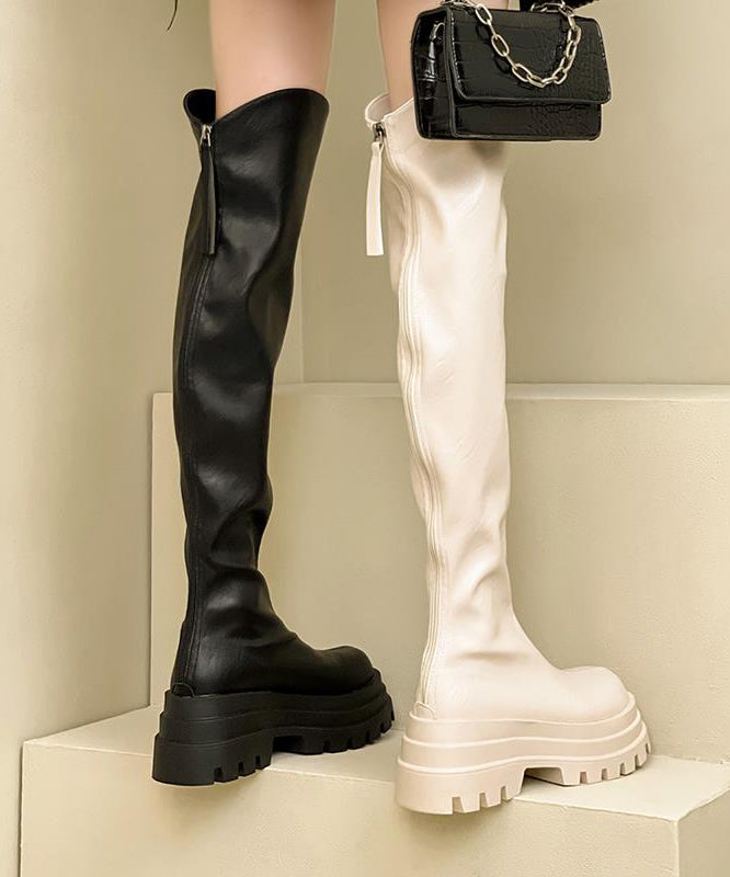 Zippered Splicing Platform Knee Boots Black