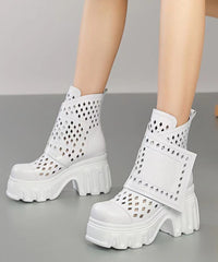 Hollow Out Chunky Boots Khaki Cowhide Leather