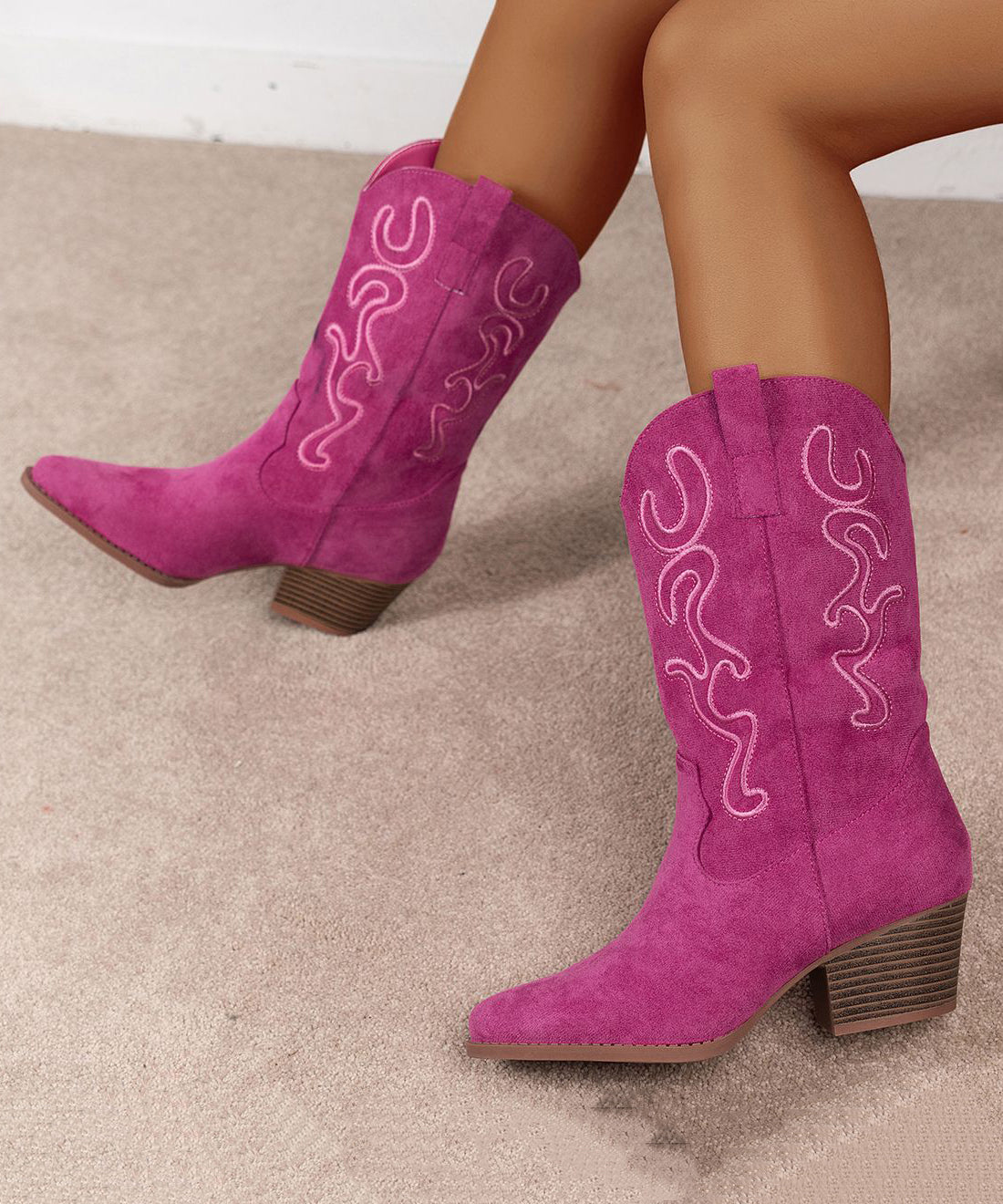 Rose Embossed Pointed Toe Solid Suede Boots Boots