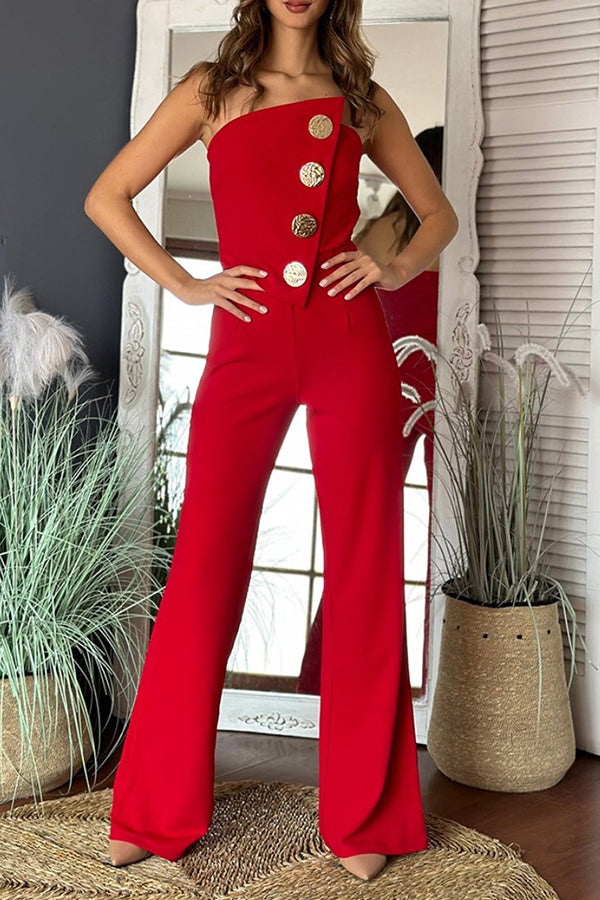 Solid Color Tube Top Gold Button Embellished Bootcut Jumpsuit