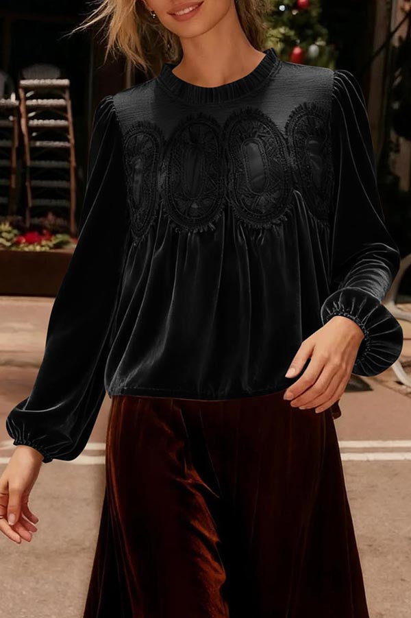Velvet and Lace Patchwork Loose Long-sleeved Top