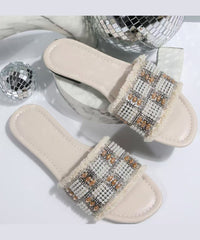 Beautiful Nail Bead Splicing White Faux Leather Slide Sandals