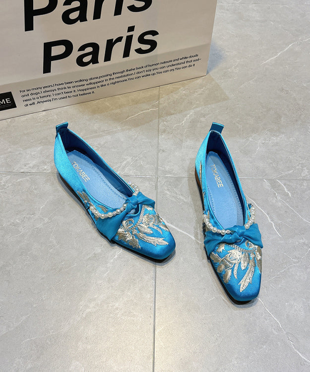 Blue Women Splicing Satin Embroidered Flat Feet Shoes