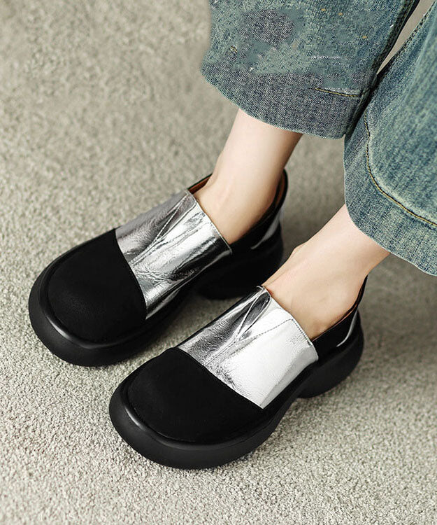 Vintage Splicing Platform Flat Shoes For Silver Faux Leather