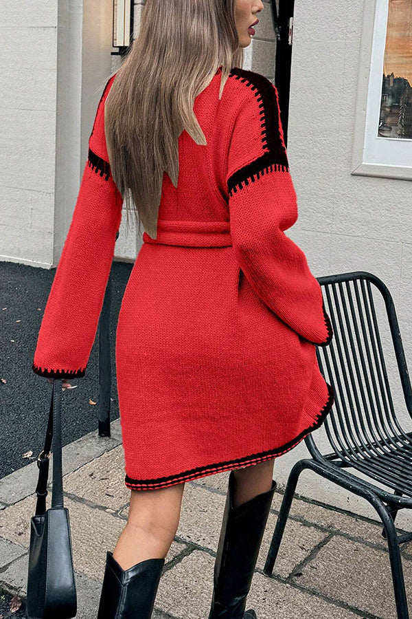 Loose-fitting Long-sleeved Tie-waist Knit Mini Dress