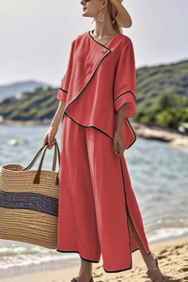 Color Trim Asymmetrical Casual Top and Elastic Waist and Wide-leg Pant Set