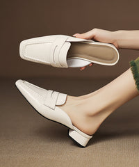 Beige Chunky Cowhide Leather Elegant Splicing Slide Sandals