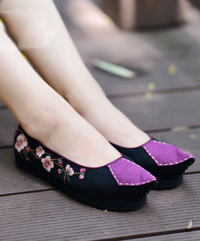 Pointed Toe Flat Shoes For Black Cotton Fabric Embroideried Splicing Flats